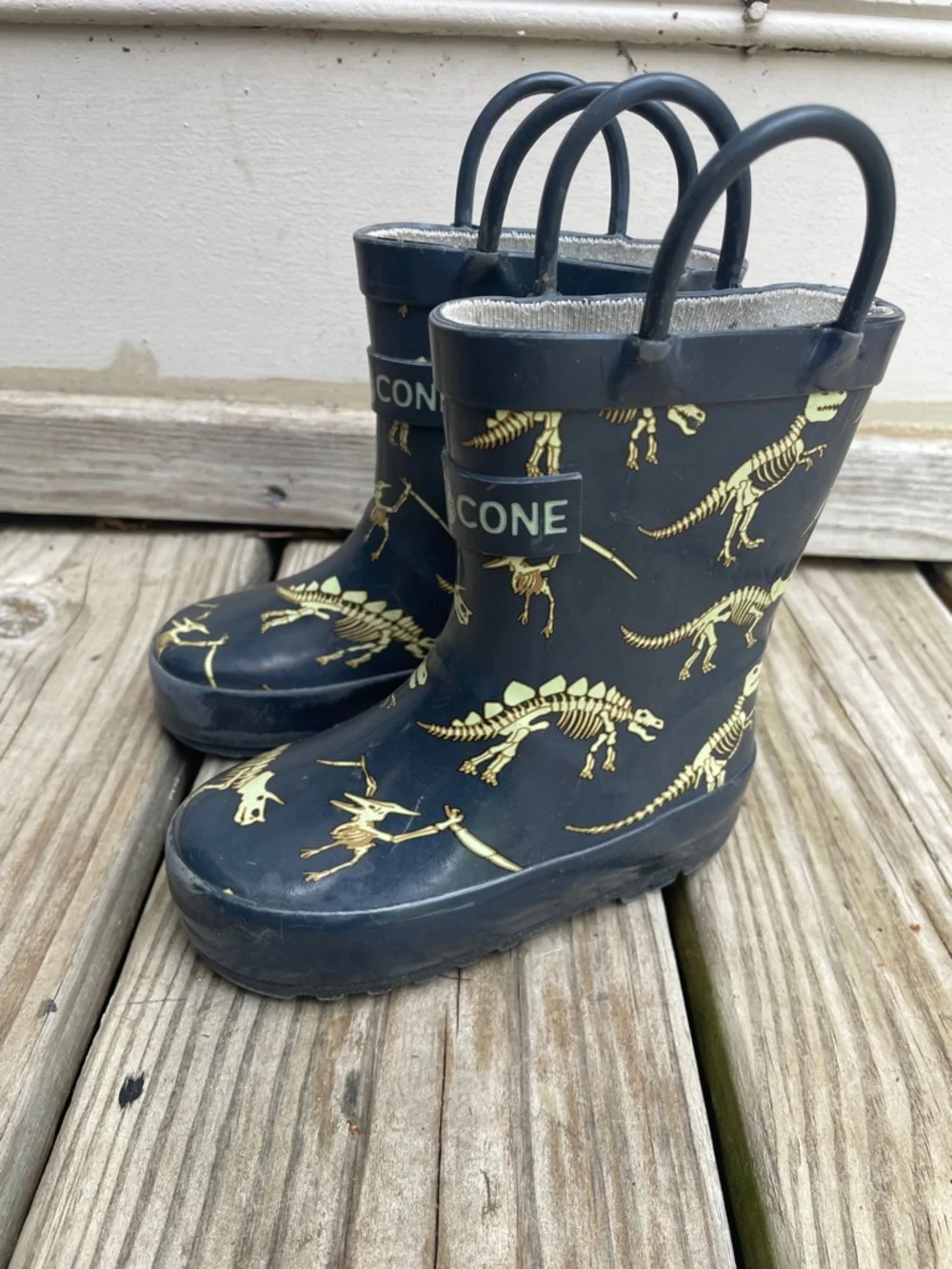 🦕🦖Lone Cone Kids Dinosaur Rain Boots Wellies Navy Yellow Size 5 Waterproof